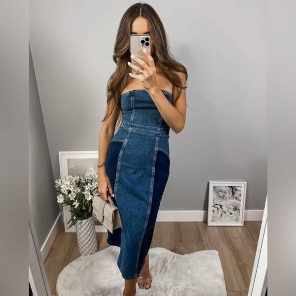 ZARA DENIM PATCHWORK MIDI DRESS DENIM NWT - Picture 10 of 16